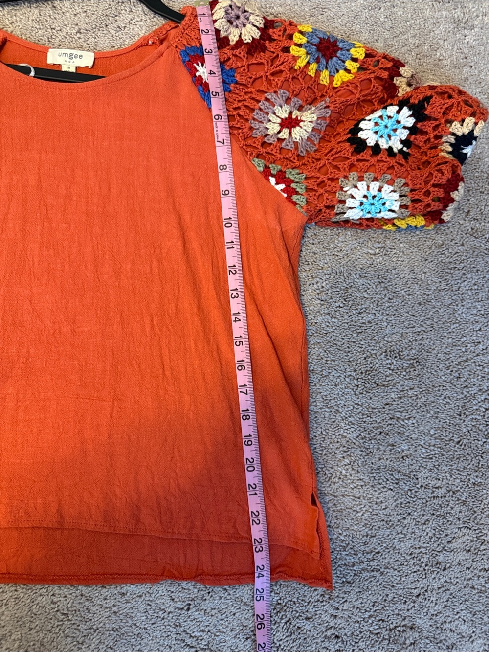 Umgee Rust Woven Tunic with Multicolor Crochet Sleeves - Picture 9 of 12
